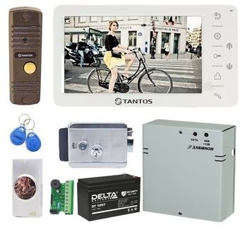 Комплект видеодомофона Tantos Amelie SD / Walle+ (медь) / электромеханический замок Atis Lock SSM-CK с ББП