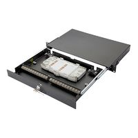 Панель 47D-24-30-2L-04-11BL Eurolan Коммутационная 19'' 1U выдвижная, корпус 24 адаптера, укомплектованная: адаптеры 4 x duplex LC OM3 + пигтейлы LC/PC + сплайс-кассета + КДЗС, 50/125 OM3