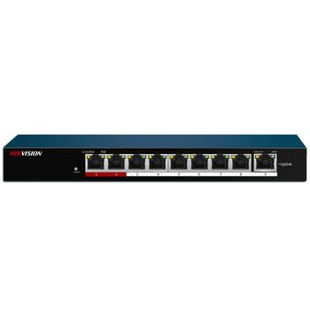 Hikvision DS-3E0109P-E/M. Коммутатор сетевой 8 POE портовый(IEEE802.3af, IEEE802.3at); 10/100 Мбит/с; Uplink порт; бюджет POE 58Вт;режим дальней передачи до 250м - 10Мб/с; DC 51В; 2.5 А; 0…+40 °С; 235х103х27 мм.
