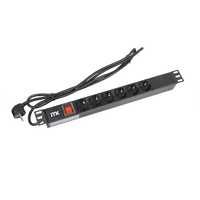 ITK Блок розеток 19" 1U 8 розеток, черный, DIN49440, алюминиевый профиль, без шнура, вход IEC320 C14, LED выключатель