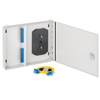 NMF-WP16SCUS2-IB-GY. Оптический кросс NIKOMAX настенный, укомплектованный на 16 портов SC/UPC, SM 9/125 OS2, стальной, с ключом, серый, в комплекте: адаптеры, монтажные шнуры 1м, сплайс-кассета с крышкой и КДЗС